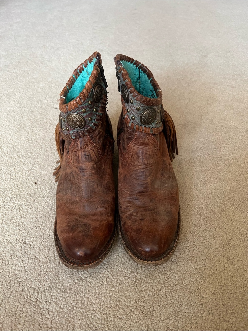 Brown Leather Fringe Ankle Booties with Turquoise Interior and Concho Detail